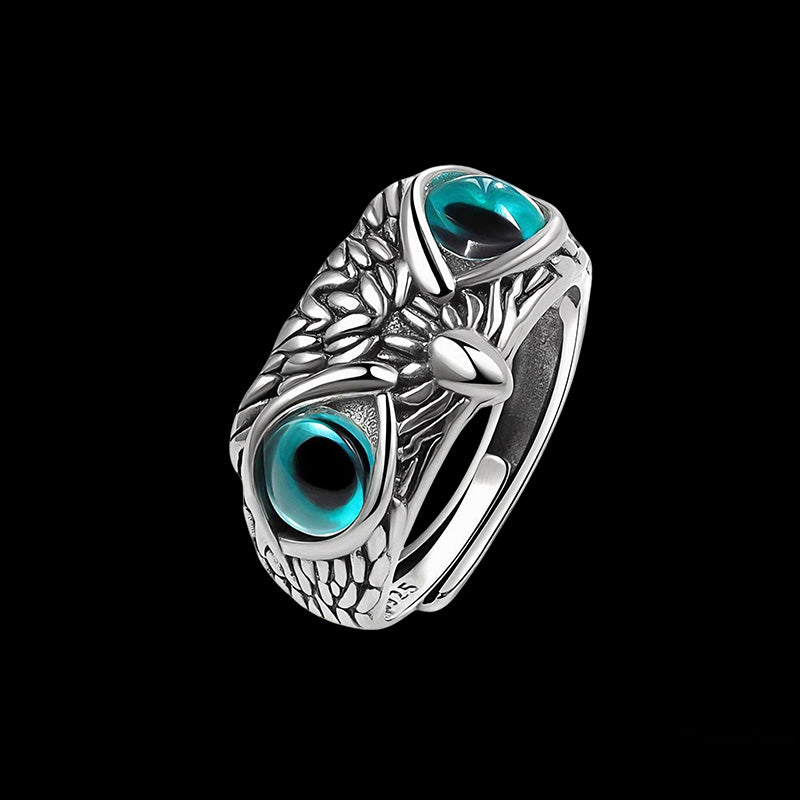 Vintage Sterling Silver Owl Ring Blue Eye Adjustable Punk Jewelry