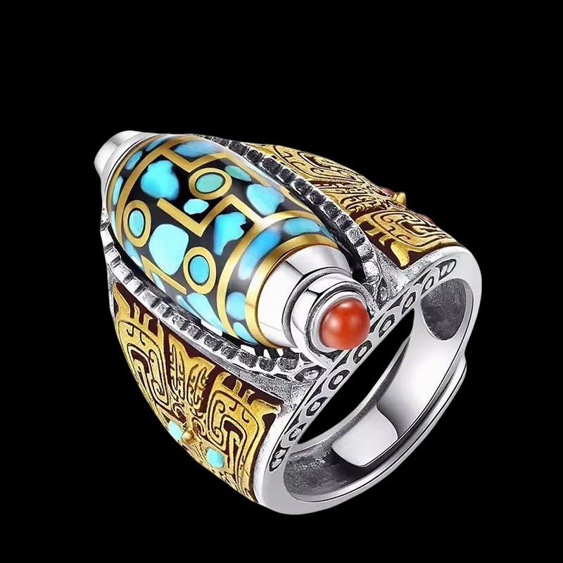 Nine Eyed Dzi Silver Ring Adjustable Woven Band