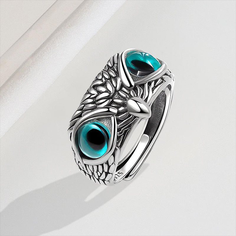Vintage Sterling Silver Owl Ring Blue Eye Adjustable Punk Jewelry