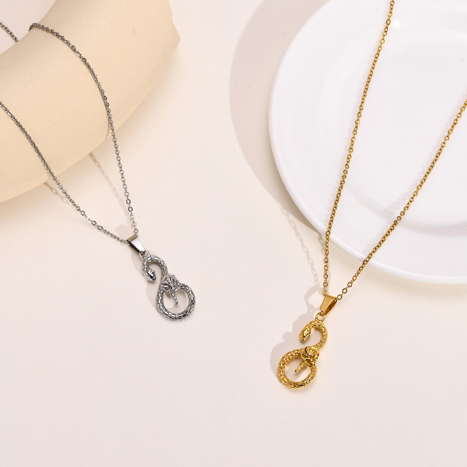 Gold Snake and Rose Pendant Stainless Steel Necklace for Women