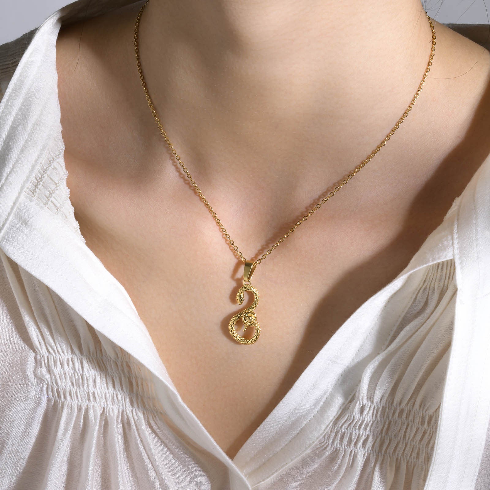Gold Snake and Rose Pendant Stainless Steel Necklace for Women