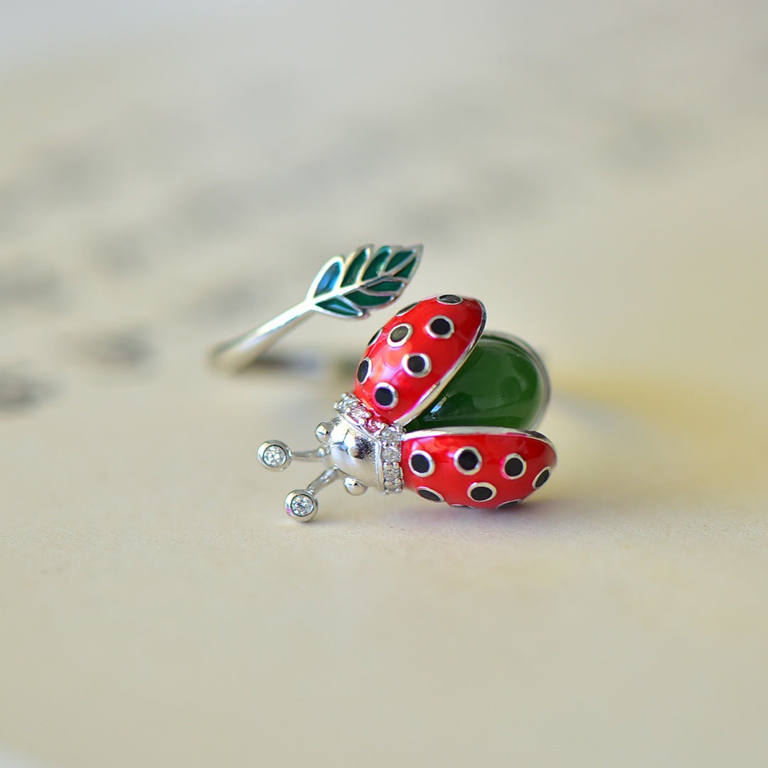 S925 Silver Hetian Jade Seven-Star Ladybug Ring