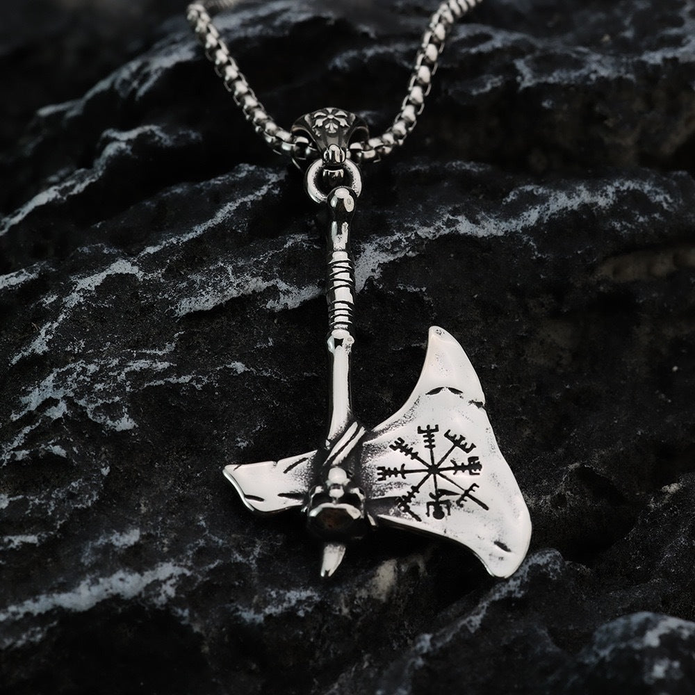Viking Axe Necklace for Men Titanium Steel Compass Pendant
