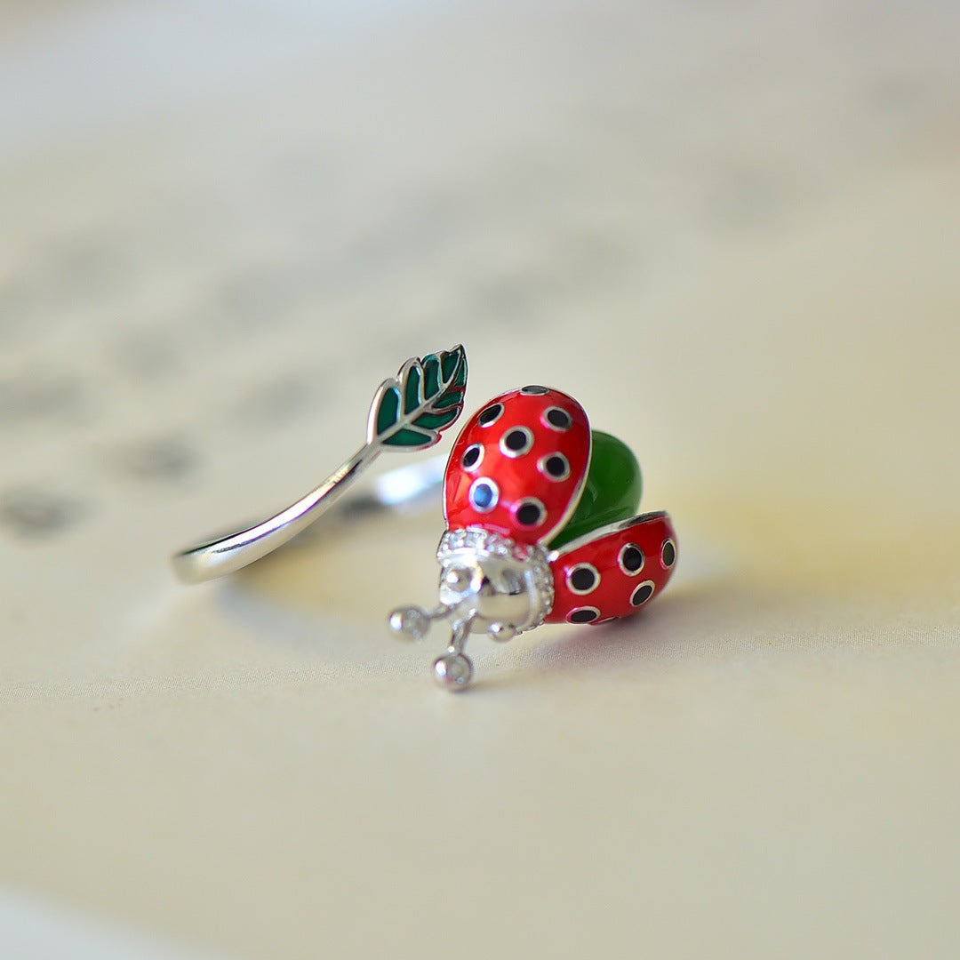 S925 Silver Hetian Jade Seven-Star Ladybug Ring