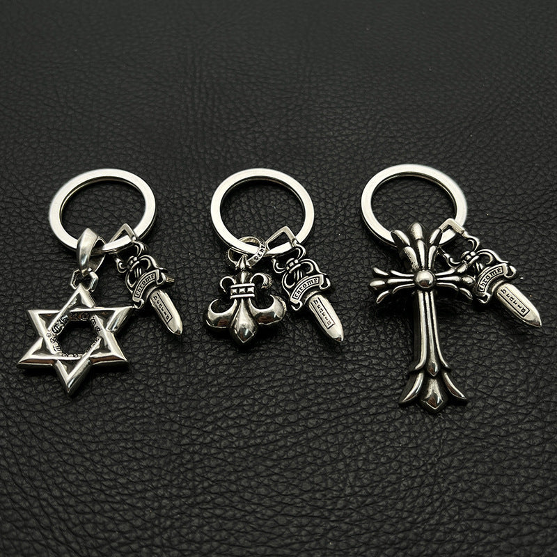 Vintage Double Layer Cross Sword Keychain Punk Hip Hop Bag Charm