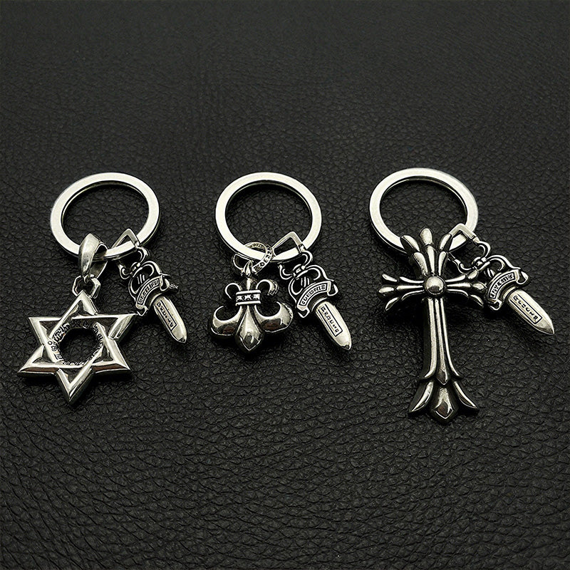Vintage Double Layer Cross Sword Keychain Punk Hip Hop Bag Charm